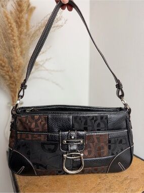 Etienne Aigner Y2K Patchwork Monogram Leather Shoulder Bag Black Brown Baguette
